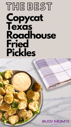 photo of fried pickles with orange dipping sauce on a marble counter. Easy Deep Fried Pickles, Copycat Texas Roadhouse, Deep Fried Pickles, Best Appetizer