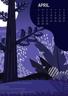 a purple and black calendar with trees in the foreground on a night sky background