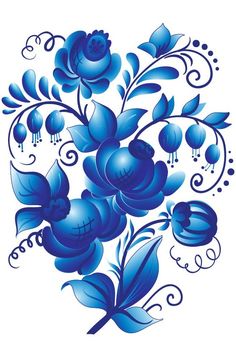 blue flowers with swirls and leaves are on a white background in the shape of a heart