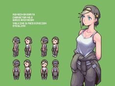 the character sheet for an animated video game, with different poses and expressions on it