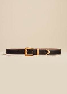 The Benny Belt in Dark Brown Leather with Gold Chic Gold Leather Belt Buckles, Luxury Belts With Brass Hardware, Elegant Black Belt With Brass Buckle, Elegant Rectangular Belt Buckle For Workwear, Designer Formal Belts With Brass Hardware, Chic Formal Belt With Rectangular Buckle, Modern Leather Belt Buckles With Gold Buckle, Modern Leather Belt Buckle With Gold Buckle, Modern Leather Belt Buckle With Gold Detail