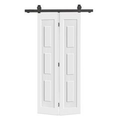 an open white door with two black handles on the top and bottom, against a white background