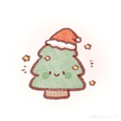 a drawing of a green christmas tree with a santa hat on it's head