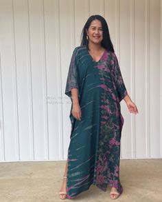 "DETAILS * Oversized * Bust/Waist/Hips 32\" wide, circumference 64\" * Approx. 40\", 50\", or 56\" long from shoulder to hem * V neckline both front & rear * Loose silhouette * Side slits * Slipover style * Rayon fabric with hand tie dye * Gentle machine wash with low heat dry, first wash separately * Model tall 5'4\"/164 cm. wearing 50\" * Style A" Green Batik Print Maxi Dress For Beach, Green Batik Print Dress For The Beach, Green Batik Print Kaftan For Beach, Green Flowy Tunic Cover-up, Green Hippie Kaftan For The Beach, Bohemian Green V-neck Tunic, Green Batik Print Kaftan For Summer, Summer Green Batik Print Kaftan, Green Summer Kaftan With Batik Print