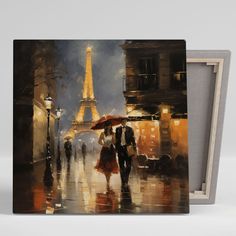 a painting of two people walking down the street with an umbrella in front of the eiffel tower