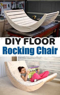 a kid laying in a rocking chair that is made out of wood and has text overlay reading diy floor rocking chair