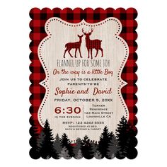 a red and black plaid christmas party card with two deers in the woods on it