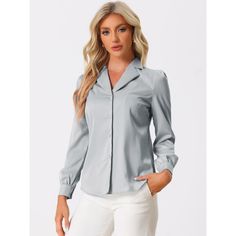 Complete your chic style with this satin button-up shirt. This satin button-up shirt features button cuffs and a notch collar perfectly. Pair it with jeans and work pants for your casual chic look. To create an elegant image with a classic design. Look smart and classic in this shirt finished with solid color fabric. With shiny and smooth fabric, this satin shirt makes you look elegant and romantic. Elegant Single-breasted Collared Shirt, Elegant Single Breasted Collared Shirt, Solid Spread Collar Blouse For Office, Office Blouse With Spread Collar In Solid Color, Office Shirt With Collared Hidden Button Closure, Office Shirt With Hidden Button Closure And Collared Shape, Office Shirt With Hidden Button Closure And Collar, Collared Blouse With Hidden Button Closure For Office, Office Blouse With Collared Hidden Button Closure