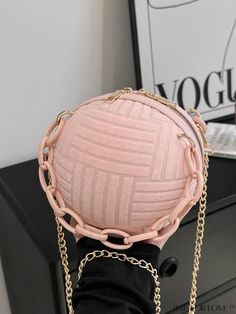 BagForLove - Compact Graphic Chain Circle Crossbody Bag Pink Crossbody Evening Bag With Chain Strap, Pink Chain Strap Crossbody Bag, Pink Crossbody Bag With Chain Strap, Graphic Circle, Basketball Bag, Circle Bag, Bags Casual, Word Wrap, Hand Bags