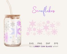 a glass jar with a straw in it and snowflakes on the lid, next to a white background that says svg png dxf eps library can glass wrap