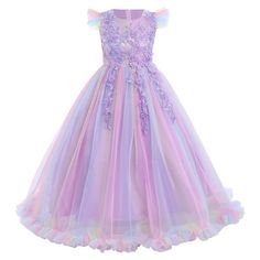 Kids little big girls sleeveless round neck princess dress tulle spliced full length evening party prom gown, elegant and gorgeous design, carnival event birthday party fall dressing up clothes, it will make your girl beautiful and feel like a princess.  Mesh spliced bodies with soft lining, adds ruffled tulle details at sleeve, tops embellished with beautiful flower, faux rhinestone and embroidered patchwork at front, designed with concealed zip-back fastening, the sashes are attached at the si Maxi Dress Bridesmaid, Cocktail Party Outfit, Dress Up Outfits, Dress Up Costumes, Dress Bridesmaid, Pageant Dress, Bridesmaid Wedding, Fairy Dress, Maxi Gowns