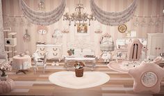 a doll house with furniture and accessories in it's living room, as well as a chandelier