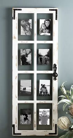 an old door is decorated with photos and flowers