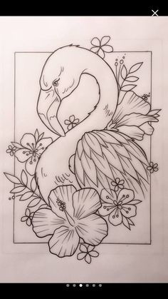 a drawing of a flamingo with flowers on it