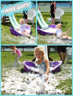 shaving cream slide for a messy birthday party! :: by little pink monster Messy Birthday, Obstacle Course Party, Messy Games, Pink Monster, Kid Life, Hello Kitty Party, Outdoor Activities For Kids, Kids Party Themes