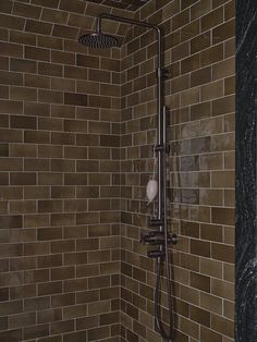 a shower head and hand held shower faucet in a brown tiled bathroom area