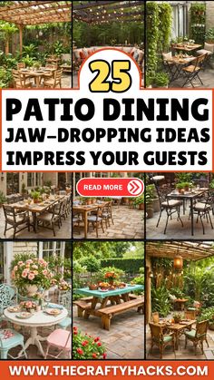 an advertisement for patio dining with pictures of tables and chairs in different styles, sizes and colors