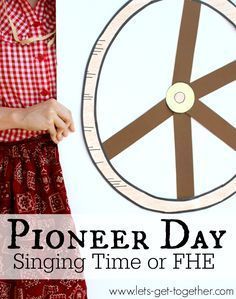 a girl in a red dress is standing next to a clock with the words, pioneers day singing time or fire