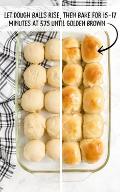 rolls in a glass baking dish before and after being baked