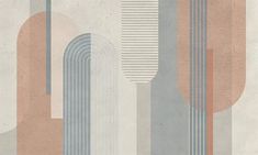 an abstract painting with lines and shapes on the wall, in shades of grey, pink, orange and white