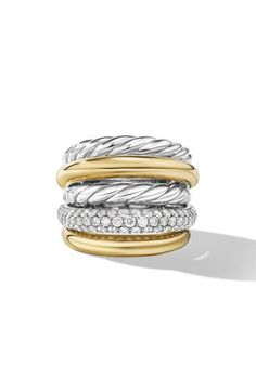 Sculpted sterling silver, dazzling diamonds and gleaming 18-karat gold make this stacked ring an everyday showstopper. Total diamond weight: 0.88ct. Sterling silver/18k gold/diamond Imported >Diamond Guide David Yurman Rings On Hand, David Yurman Gold Ring, David Yurman X Crossover Ring, David Yurman Cable Ring, David Yurman Novella Ring, Diamond Stacks, Diamond Guide, David Yurman, Stacking Rings