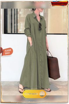 Casual Solid Cotton Linen Shirt Collar Long Sleeve Maxi Dress P591060 Casual Cotton Maxi Dress With Button Closure, Long Casual Shirt Dress For Spring, Casual Long Shirt Dress For Spring, Casual Long Shirt Dress With Pockets, Casual Long Shirt Dress, Casual Green V-neck Shirt Dress, Casual Cotton Shirt Dress In Solid Color, Casual Button-up Maxi Dress With Pockets, Fall Cotton Shirt Dress Solid Color