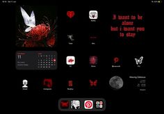 IPad air4 Ipad Theme Ideas Aesthetic Dark, Red Ipad Homescreen, Ipad Homescreen Ideas Dark, Ipad Layout Ideas Aesthetic, Ipad Decorations, Ipad Layout Ideas, Ipad Aesthetic Organization, Ipad Homescreen Ideas, Ipad Layouts