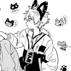 a black and white drawing of an anime character with many cats flying around the scene