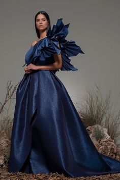 Description Navy Ballgown, Long dress Sleeveless Open neckline One Shoulder Asymetric neckline Dry Clean Made in Spain SKU BASICO One Shoulder Ball Gown, Isabel Sanchis, Long Dress Sleeveless, Textiles Design, Elie Saab Couture, Ankle Dress, One Shoulder Gown, Ruffled Neckline, Elie Saab