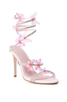 AZALEA WANG AIRBORNE BUTTERFLY RHINESTONE STILETTO SANDAL IN PINK Pink Ankle Strap Sandals For Prom, Pink Sandals For Summer Prom, Glamorous Satin Heels For Spring, Pink Satin High Heels, Pink Embellished Sandals For Prom, Spring Satin High Heels, Pink Open Toe Sandals For Prom, Pink Satin Heels For Formal Occasions, Pink Synthetic Heels For Wedding