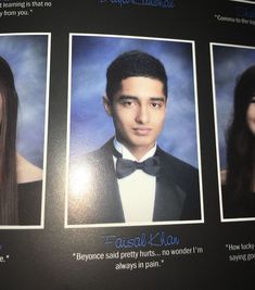 three pictures of people in tuxedos and bow ties on a black background with blue writing