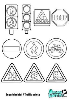 various traffic signs and symbols are shown in black and white, with the words stop on them