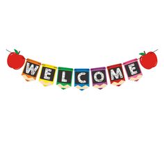 a welcome banner with an apple hanging from it's end and the words welcome