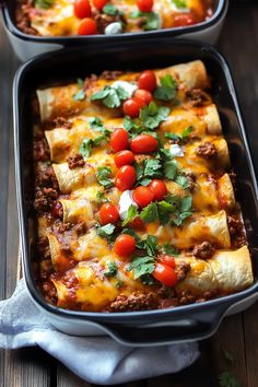 two pans filled with taco casserole and topped with tomatoes, cilantro and parsley