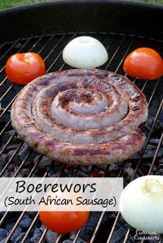 there are tomatoes, onions, and meat on the grill with text overlay that says berewos south african sausage