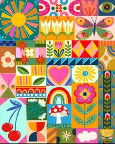 an image of colorful art work with flowers and butterflies on it's sides, including hearts