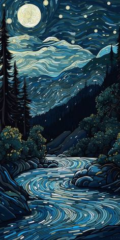 a painting of a river and trees at night with the moon in the sky above it