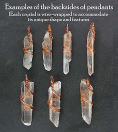 These lovely quartz crystal pendants are created by wrapping elegant square copper wire around crystal points of varying lengths. Pendant material: Natural raw quartz crystal & copper wire Comes with 24" (60.8 cm) copper-plated chain: 20" with a 4" extender (50.8 + 10cm) Choose from 3 sizes - Regular, Long & Narrow, Long & Wide 100% Handmade - each stone is unique and wire-wrapped to complement its shape and features Item number: wh346 Elegant square copper wire is used to create a double swirl Wood Jewelry Diy, Wire Wrapped Crystal Pendant, Raw Quartz Crystal, Crystal Pendants, Metal Clay Jewelry, Quartz Crystal Pendant, Raw Quartz, Wire Wrapping Crystals, Quartz Crystal Necklace