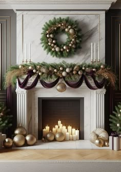 a fireplace decorated for christmas with candles and ornaments