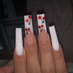 Nails Acrylic Ideas Simple, Short Acrylic Coffin, Nail Art Fruit, Cherry Nail, Fruit Nail, Waterslide Nail Decals, Art Fruit, Cherry Nails, Cute Acrylic Nail Designs