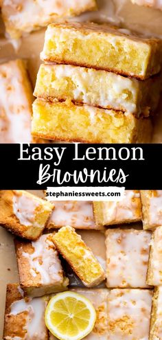 lemon brownies with icing on top are stacked up and ready to be eaten