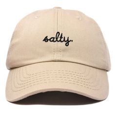 Embrace the laid-back charm of coastal living with our Salty baseball cap. Crafted from 100% cotton, our 6-panel low-crown dad cap combines comfort with effortless style. Whether you're strolling along the boardwalk, lounging on the sand, or simply running errands under the sun, our cap promises a blend of functionality and fashion that suits every beach lover's lifestyle. Measuring 11 inches in length, this unstructured cap features a fabric strap closure with a metal buckle, ensuring a secure Casual Cotton Trucker Hat For Vacation, Beach Baseball Cap With Curved Bill For Baseball Season, Curved Bill Baseball Cap For Beach And Baseball Season, Comfortable Adjustable Baseball Cap, Adjustable Comfortable Baseball Cap, Casual Snapback Hat With Curved Bill For Vacation, Casual Snapback Hat For Vacation, Casual Vacation Hats With Embroidered Logo, Casual Embroidered Baseball Cap For Beach