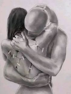 a drawing of two people hugging each other