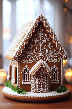 a gingerbread house with icing on it sitting on a table next to candles