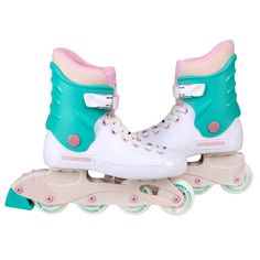 two roller skates with pink, blue and green wheels on white background for display