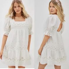 Anthropologie Forever That Girl White Eyelet Mini Dress Sz Small Nwt Square Neckline Lots Of Embroidery Fully Lined Easy, Relaxed Fit Open Keyhole Back 100% Cotton Pit To Pit: 17” Length: 33” Fitted Mini Dress With Broderie Anglaise, Fitted Broderie Anglaise Mini Dress, Spring Mini Dress With Cutwork Hem And Short Sleeves, Fitted Mini Dress With Cutwork Hem For Summer, Casual Knee-length Dress With Cutwork Hem, Garden Party Sundress With Broderie Anglaise, Broderie Anglaise Sundress For Garden Party, Summer Mini Dress With Cutwork Hem And Short Sleeves, Fitted Mini Dress With Cutwork Hem For Spring