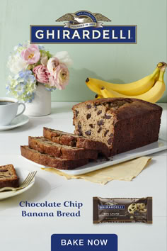 chocolate chip banana bread on a white plate with flowers and blue wall in the background