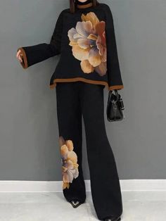 Flower Print Split-Joint Flared Sleeves Long Sleeves Mock Neck T-Shirts Tops Floral Turtleneck, High Waisted Wide Leg Pants, Sleeves Blouse, Flowy Sleeves