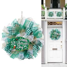 a green and white wreath with happy st patrick's day written on the front