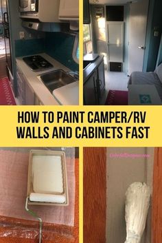 the inside of a camper with walls and cabinets painted white in different stages of construction